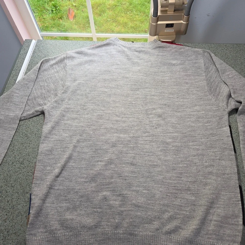 Flying Machine Sweater Mens Large Gray Red‎ Blue Argyle V-Neck Geometric